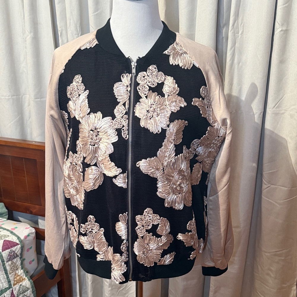 Catherine Malandrino Black and Cream Floral Bomber Jacket